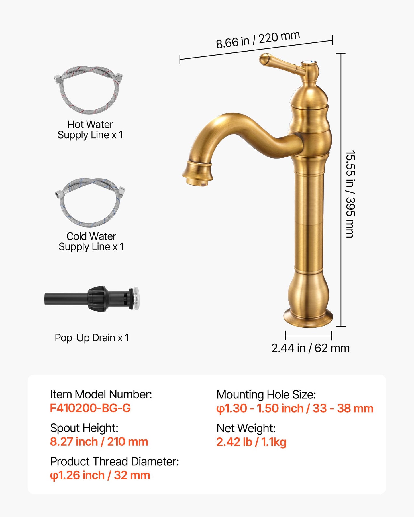 Single Handle Sink Faucet, Solid Brass Single Handle Kitchen Faucet, 1 or 3 Hole Kitchen Faucets with Push-Button Drain, Suitable for Bathroom, RV, Bar, Public Restroom, Anti-Backflow Design