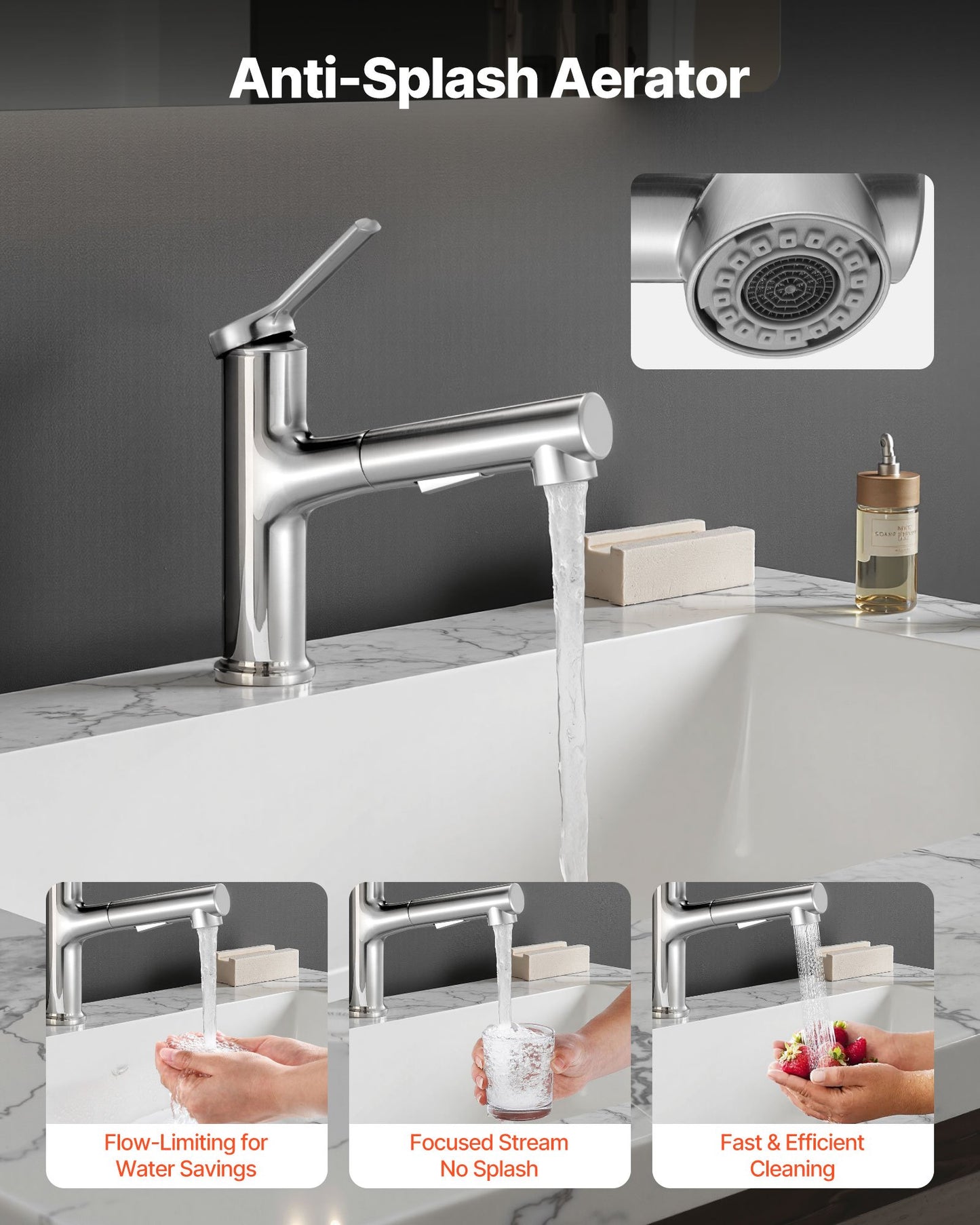Single Handle Sink Faucet, Single Handle Pull Out Faucet 1 or 3 Hole, Brushed Nickel Stainless Steel Sink Faucets with Push-Button Switch, Suitable for Bathroom, RV, Public Restroom, Lead-free