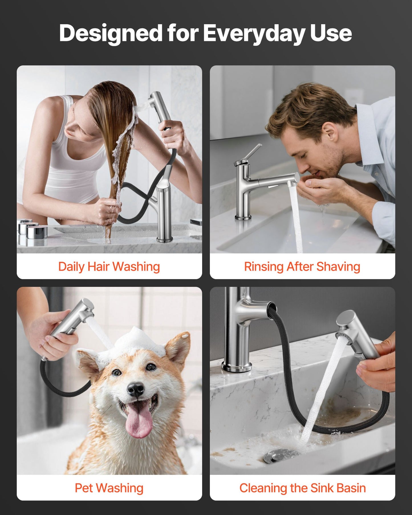 Single Handle Sink Faucet, Single Handle Pull Out Faucet 1 or 3 Hole, Brushed Nickel Stainless Steel Sink Faucets with Push-Button Switch, Suitable for Bathroom, RV, Public Restroom, Lead-free