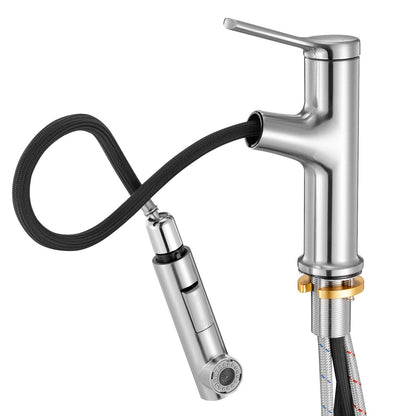 Single Handle Sink Faucet, Single Handle Pull Out Faucet 1 or 3 Hole, Brushed Nickel Stainless Steel Sink Faucets with Push-Button Switch, Suitable for Bathroom, RV, Public Restroom, Lead-free