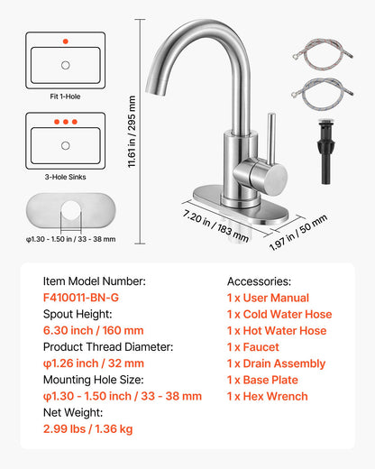 Single Handle Sink Faucet, Brushed Nickel Single Handle Bathroom Faucet, Kitchen Water Faucets with Anti-Splash Aerator, Suitable for Bathroom, RV, Bar Sink, Public Restroom, High Arc Spout