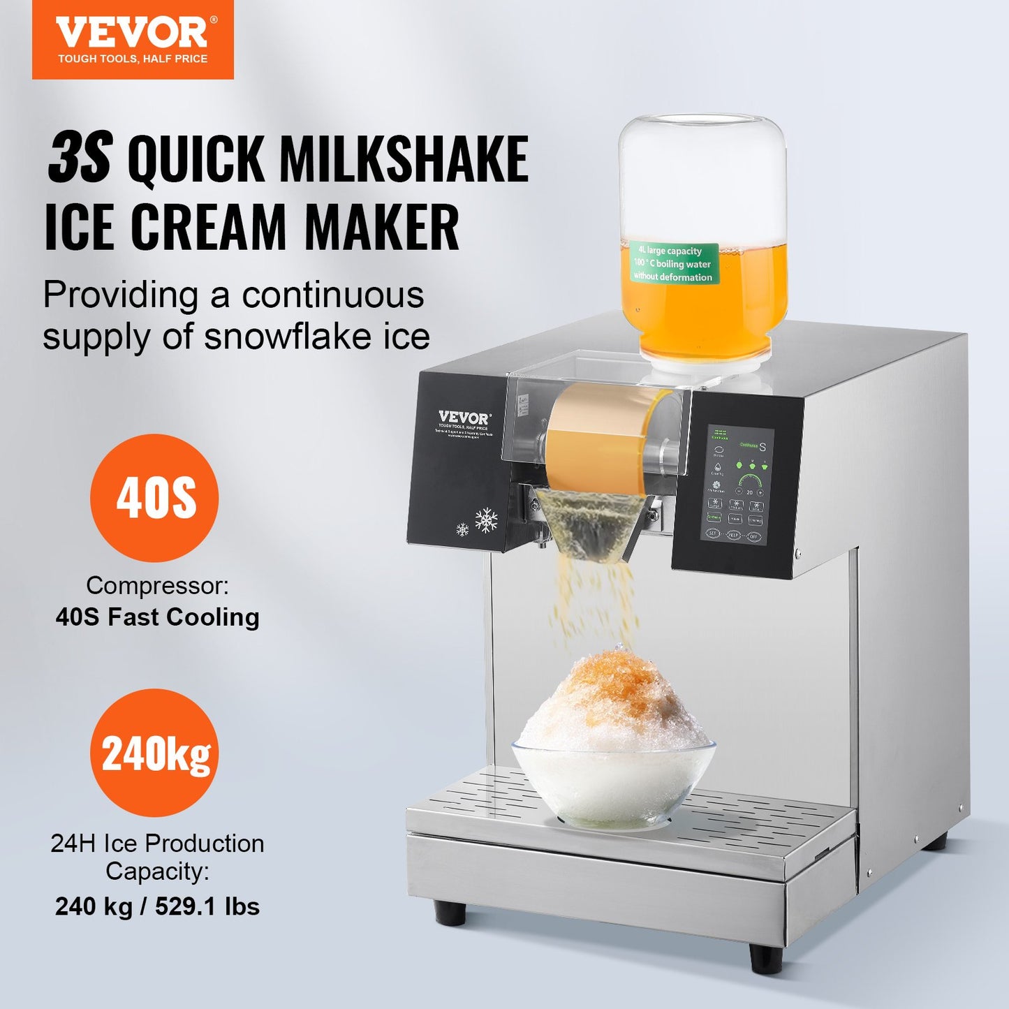 Gewerbliche Schneeflocken-Eismaschine, 240 kg/24 h, Eismaschine mit Edelstahl-Eisraspel, elektrische Schneekegelmaschine, Flüssigkeitskühlsystem für schnelle Wärmeableitung, Eiscreme