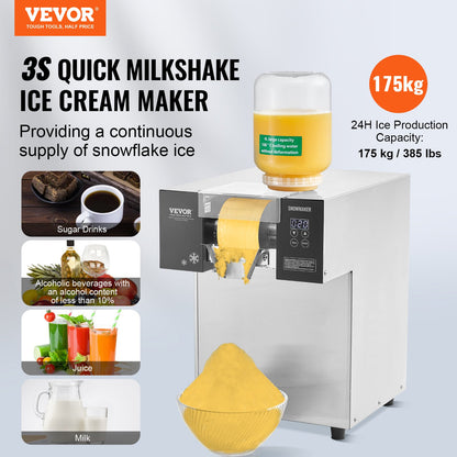 Gewerbliche Schneeflocken-Eismaschine, 175 kg/24 h, Eismaschine mit Edelstahl-Eisraspel, elektrische Schneekegelmaschine, Flüssigkeitskühlsystem für schnelle Wärmeableitung, Eiscreme