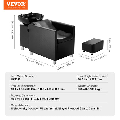 Shampoo-Waschstuhl, 300 kg Tragkraft, Salon- und Spa-Haarwaschstation, Shampoo-Becken und Stuhl für Friseure, Beauty-Spa-Massage-Friseurausstattung mit Keramikbecken und breiter Fußstütze