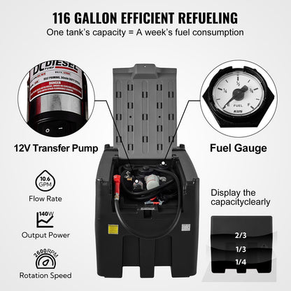 Portable Diesel Tank, 439.1 L Capacity & 37.85 L/min Flow Rate, Diesel Fuel Tank with 12V Electric Transfer Pump and 399.3 cm Rubber Hose, PE Diesel Transfer Tank for Easy Fuel Transportation, Black