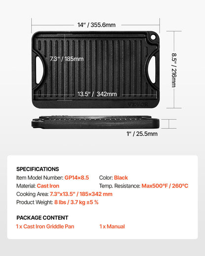 Reversible Grill/Griddle, 14x8.5 inch Pre-Seasoned Cast Iron Griddle, Portable Rectangular Pan with Handle, Family Cookware for Indoor/Outdoor Stove Top Burner, Gas, Camping BBQ, Black