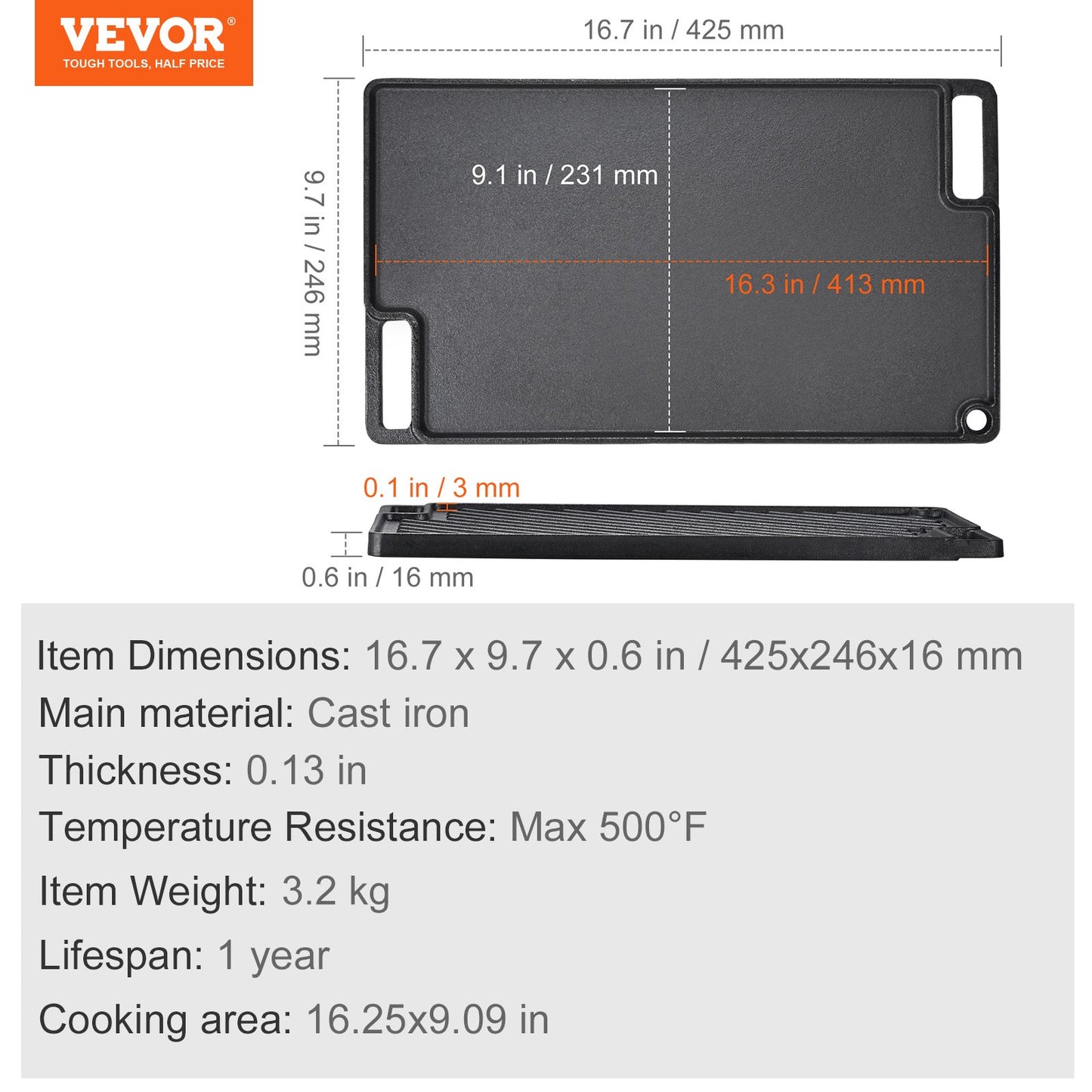 Wendbare Grillplatte/Grillpfanne, 24,6 x 42,4 cm, vorbehandelte Gusseisenplatte, rechteckige Doppelbrenner-Grillpfanne, antihaftbeschichtetes Kochgeschirr mit Griffen, flache Platte für Grill, Gasgrill, Schwarz