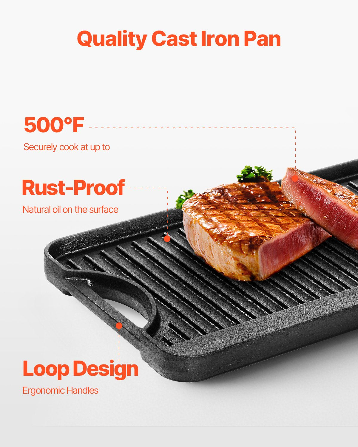 Wendbare Grillplatte aus 50 x 25 cm (20 x 10 Zoll), vorbehandeltes Gusseisen, tragbare rechteckige Pfanne mit Griff, Familienkochgeschirr für Gasherde im Innen- und Außenbereich, Campinggrill, Schwarz