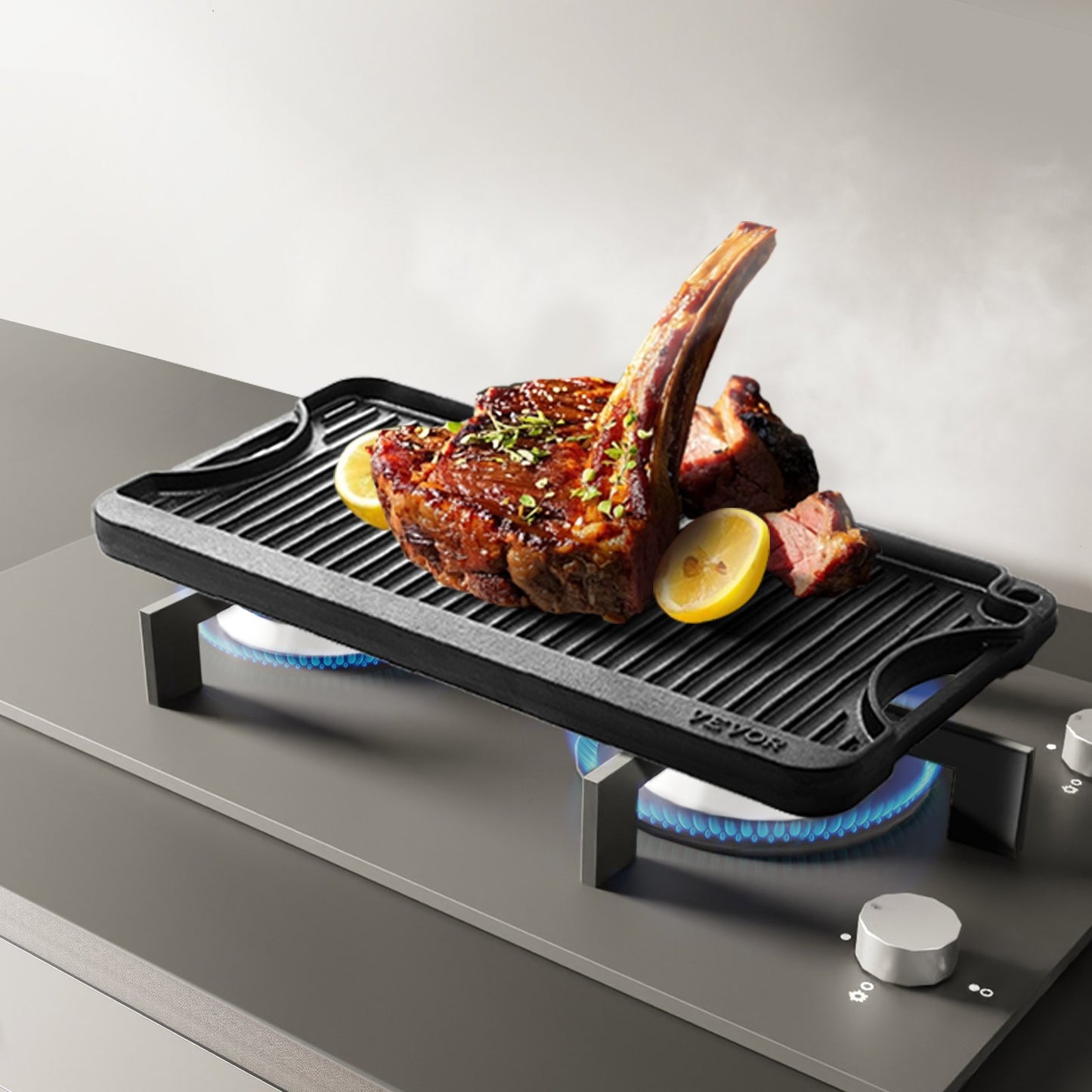 Wendbare Grillplatte aus 50 x 25 cm (20 x 10 Zoll), vorbehandeltes Gusseisen, tragbare rechteckige Pfanne mit Griff, Familienkochgeschirr für Gasherde im Innen- und Außenbereich, Campinggrill, Schwarz