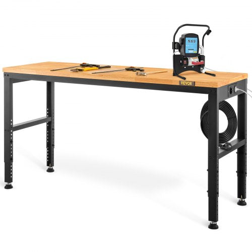 Workbench Adjustable Height, 122cm W X 61cm D X 97cm H Garage Table with 72 – 97 cm Heights & 900KG Load Capacity, with Power Outlets & Hardwood Top & Metal Frame & Foot Pads, for Office Home