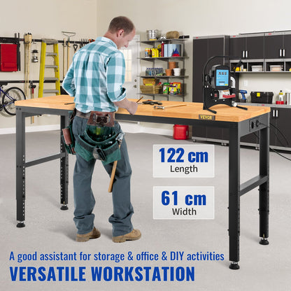 Höhenverstellbare Werkbank, 122 cm B x 61 cm T x 97 cm H, Werkstatttisch mit 72–97 cm Höhenverstellung und 900 kg Tragkraft, mit Steckdosen, Hartholzplatte, Metallrahmen und Fußkappen, für Büro und Zuhause