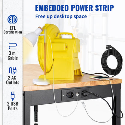Workbench Adjustable Height, 135cm W X 46cm D X 97cm H Garage Table w/ 72 – 97 cm Heights & 900KG Load Capacity, with Power Outlets & Hardwood Top & Metal Frame & Foot Pads, for Office Home