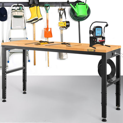 Workbench Adjustable Height, 135cm W X 46cm D X 97cm H Garage Table w/ 72 – 97 cm Heights & 900KG Load Capacity, with Power Outlets & Hardwood Top & Metal Frame & Foot Pads, for Office Home