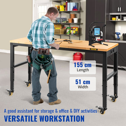 Workbench Adjustable Height, 155 x 51 cm Garage Table with 80 – 105 cm Heights & 720KG Capacity, with Power Outlets & Hardwood Top & Metal Frame & Swivel Casters, for Office Home Workshop