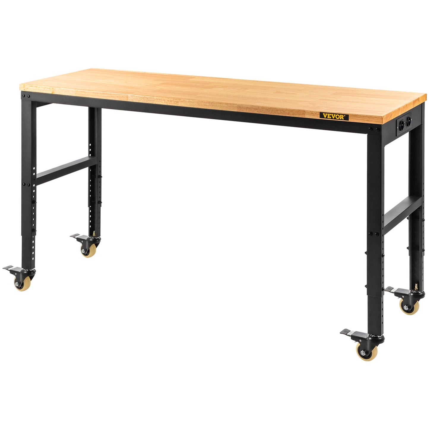 Workbench Adjustable Height, 155 x 51 cm Garage Table with 80 – 105 cm Heights & 720KG Capacity, with Power Outlets & Hardwood Top & Metal Frame & Swivel Casters, for Office Home Workshop