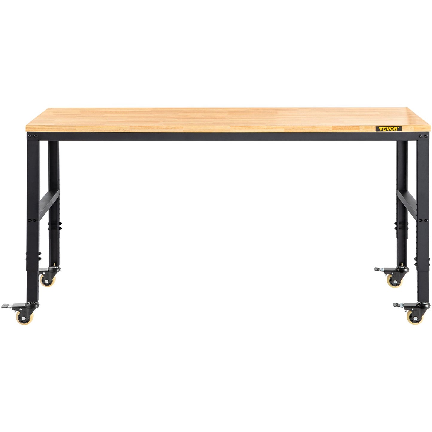 Workbench Adjustable Height, 155 x 51 cm Garage Table with 80 – 105 cm Heights & 720KG Capacity, with Power Outlets & Hardwood Top & Metal Frame & Swivel Casters, for Office Home Workshop