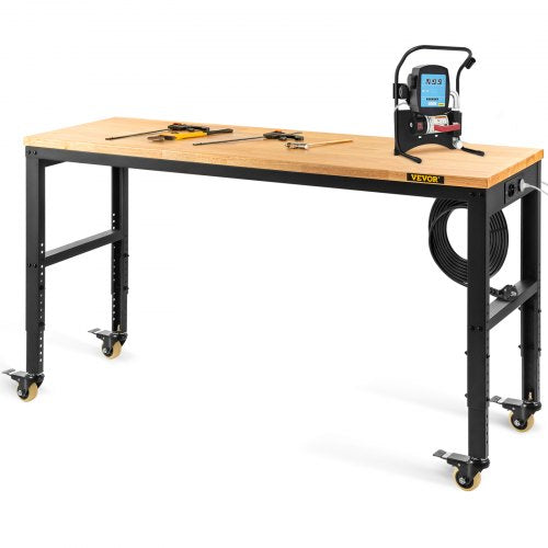 Workbench Adjustable Height, 122cm W X 51cm D X 104cm H Garage Table w/ 79 – 104 cm Heights & 720KG Capacity, with Power Outlets & Hardwood Top & Metal Frame & Swivel Casters, for Office Home