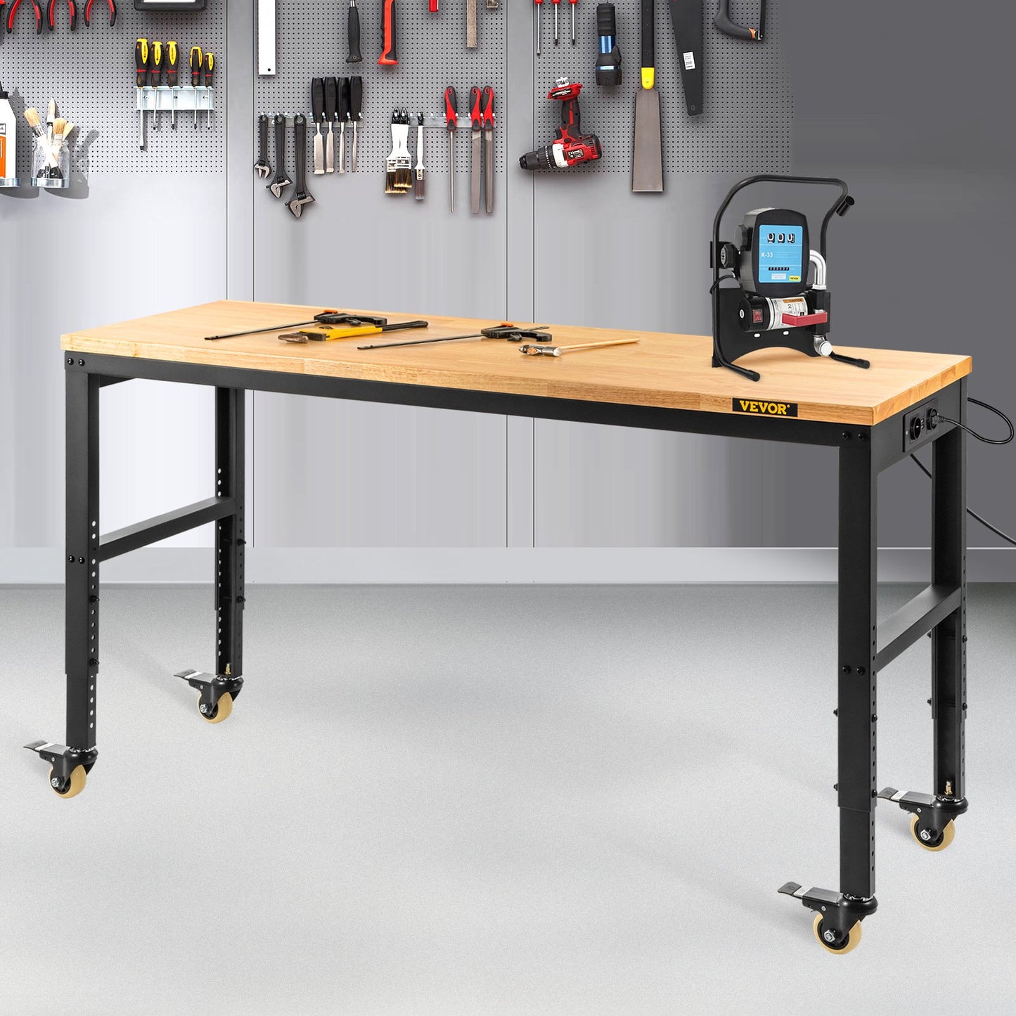 Workbench Adjustable Height, 122cm W X 51cm D X 104cm H Garage Table w/ 79 – 104 cm Heights & 720KG Capacity, with Power Outlets & Hardwood Top & Metal Frame & Swivel Casters, for Office Home