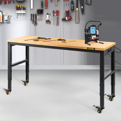 Workbench Adjustable Height, 122cm W X 51cm D X 104cm H Garage Table w/ 79 – 104 cm Heights & 720KG Capacity, with Power Outlets & Hardwood Top & Metal Frame & Swivel Casters, for Office Home