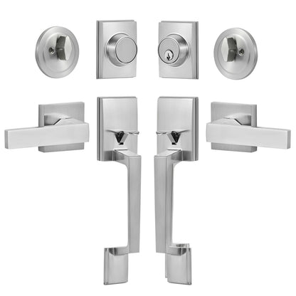 Double Door Handle Set, Double Door Lock Set with Reversible Handle Lever, Satin Nickel Square Door Lever, Heavy Duty Double Front Door Handle Set with Dummy, for Front Door or Office Door