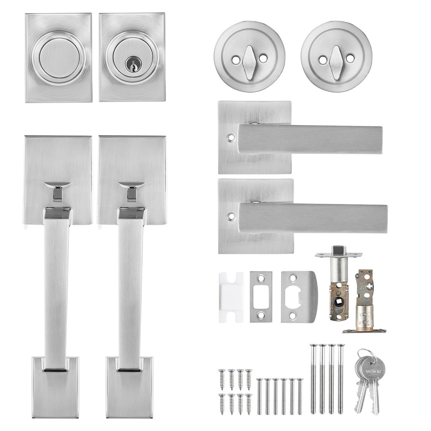 Double Door Handle Set, Double Door Lock Set with Reversible Handle Lever, Satin Nickel Square Door Lever, Heavy Duty Double Front Door Handle Set with Dummy, for Front Door or Office Door