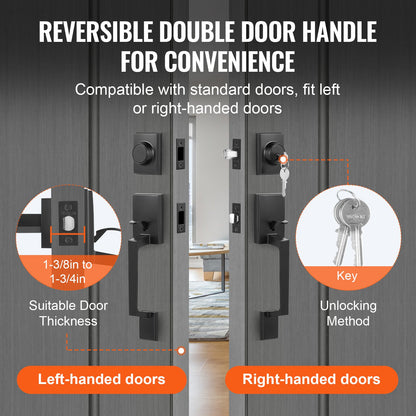 Double Door Handle Set, Matte Black Square Door Lever, Double Front Door Handle Set with Reversible Handle Lever, Heavy Duty Double Door Lock Set with Dummy, for Office Door or Front Door