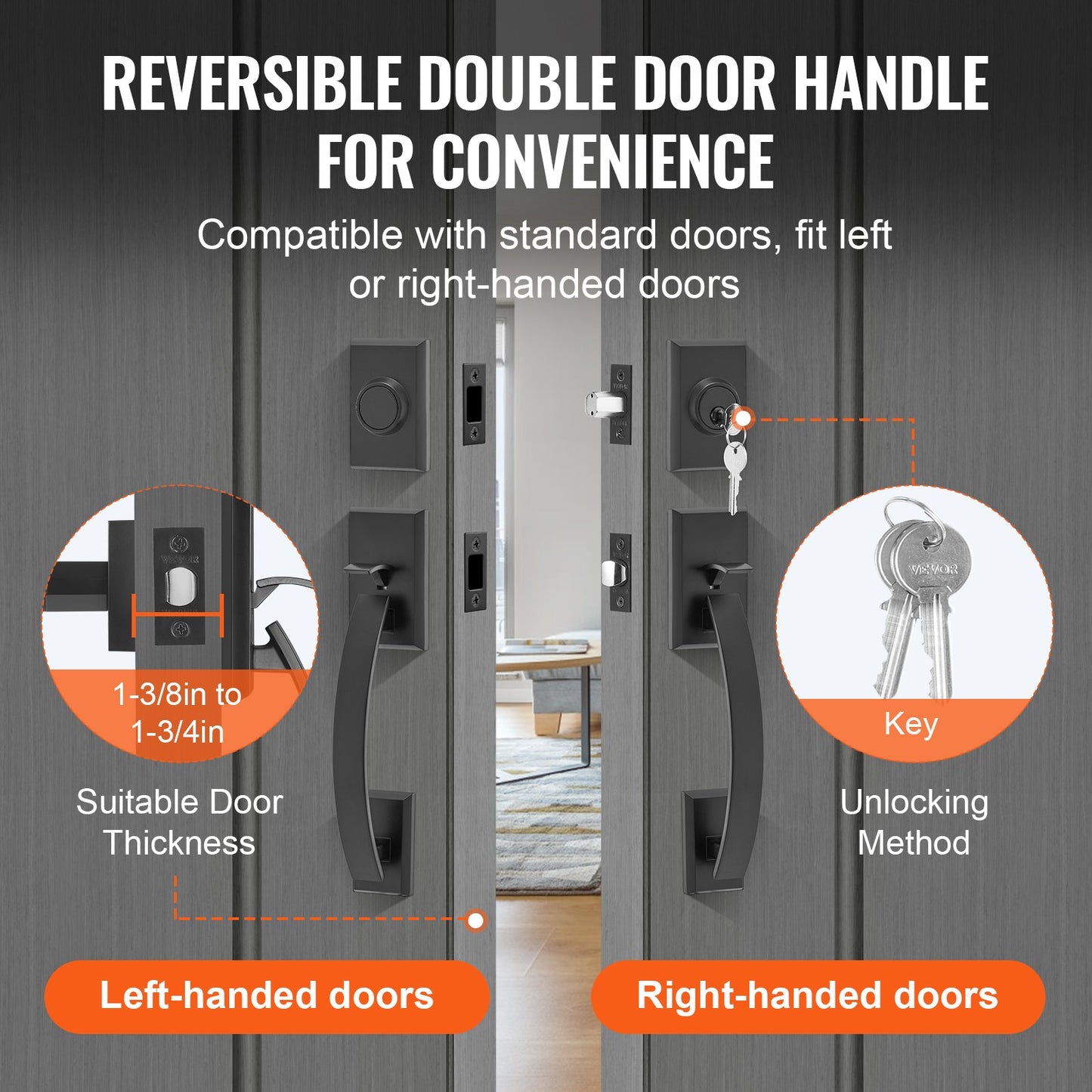 Double Door Handle Set, Matte Black Arched Door Lever, Double Front Door Handle Set with Reversible Handle Lever, Heavy Duty Double Door Lock Set with Dummy, for Office Door or Front Door