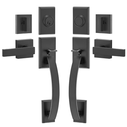 Double Door Handle Set, Matte Black Arched Door Lever, Double Front Door Handle Set with Reversible Handle Lever, Heavy Duty Double Door Lock Set with Dummy, for Office Door or Front Door