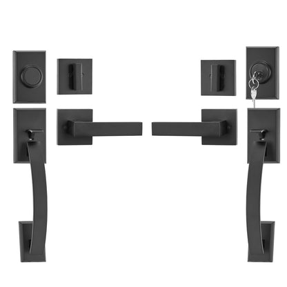 Double Door Handle Set, Matte Black Arched Door Lever, Double Front Door Handle Set with Reversible Handle Lever, Heavy Duty Double Door Lock Set with Dummy, for Office Door or Front Door