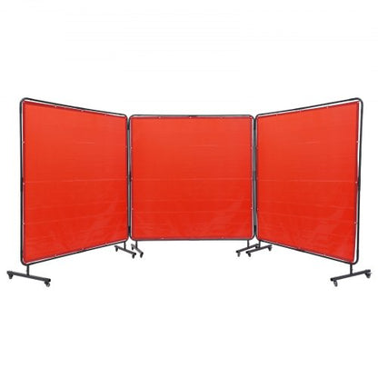 Welding Screen with Frame, 1.8 x 1.8 m 3 Panel Welding Curtain Screens, Flame-Resistant Vinyl Welding Protection Screen on 12 Swivel Wheels (6 Lockable), Moveable & Professional for Workshop, Red