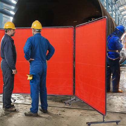 Welding Screen with Frame, 1.8 x 1.8 m 3 Panel Welding Curtain Screens, Flame-Resistant Vinyl Welding Protection Screen on 12 Swivel Wheels (6 Lockable), Moveable & Professional for Workshop, Red