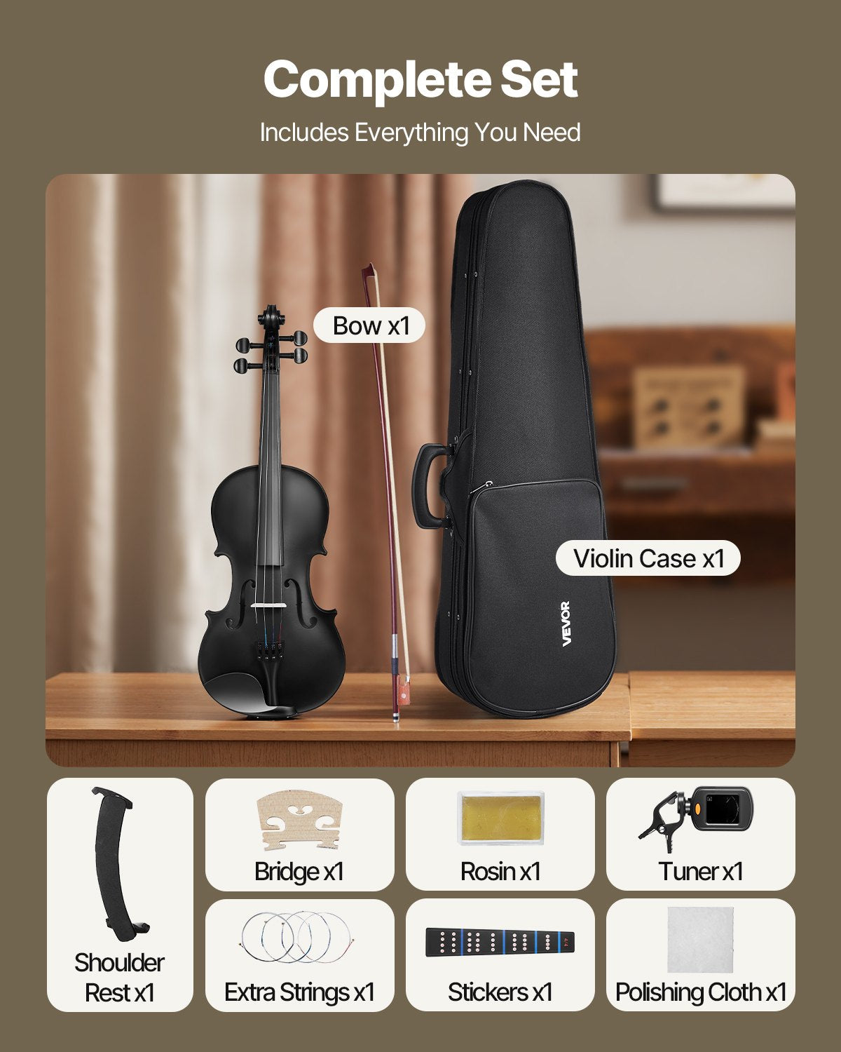 Violine 355 mm Größe 4/4 Geigenset aus Massivholz für Anfänger mit Koffer und Kolophonium schwarz