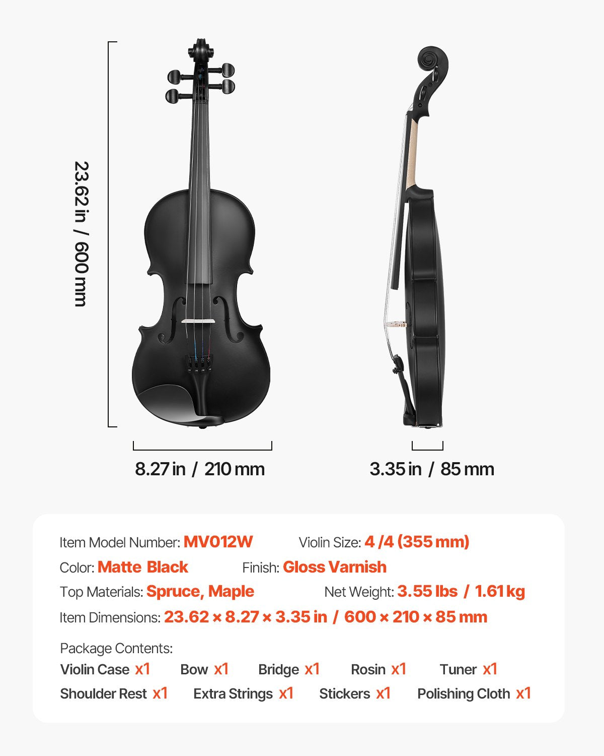 Violine 355 mm Größe 4/4 Geigenset aus Massivholz für Anfänger mit Koffer und Kolophonium schwarz