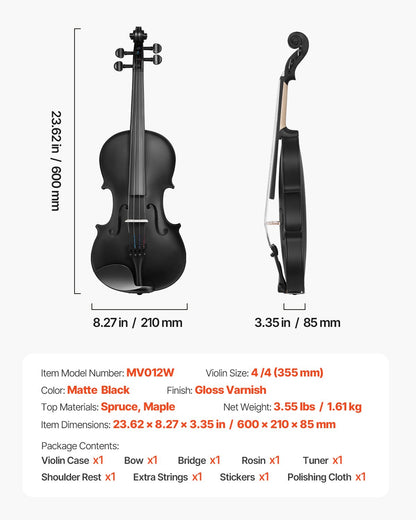 Violine 355 mm Größe 4/4 Geigenset aus Massivholz für Anfänger mit Koffer und Kolophonium schwarz