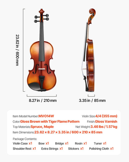 Violine 4/4, 355 mm, Geigenset aus Massivholz für Anfänger, glänzend braun gemustert