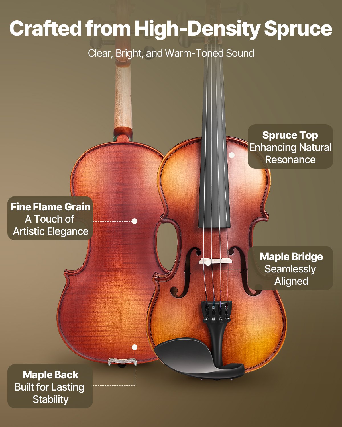 Violine 4/4, 355 mm, Massivholz, für Anfänger, mattbraun gemustert