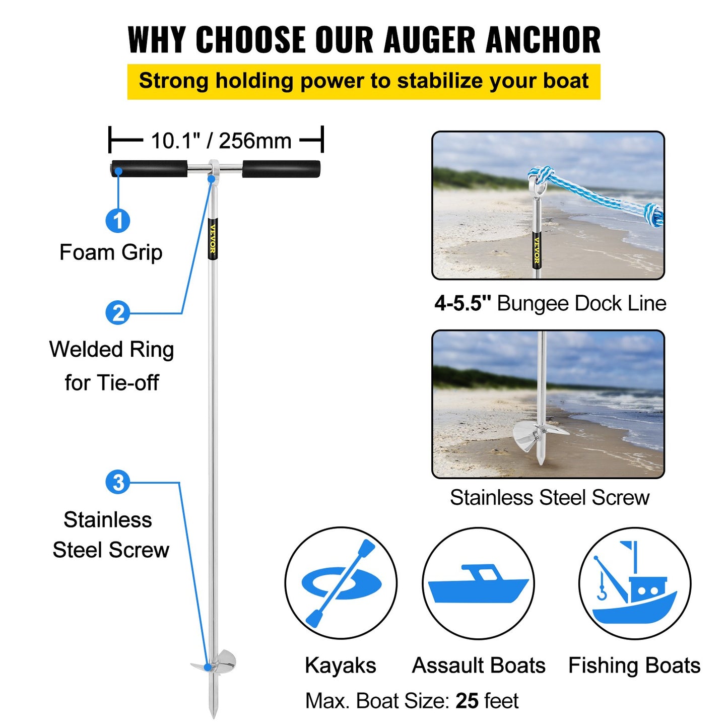Sand Anchor, 36\" Length Auger to The Beach and Sandbar, 316 Stainless Steel Screw Anchor with Removable Handle, Bungee Line & Carry Bag, for Jet Ski PWC Pontoon Kayak