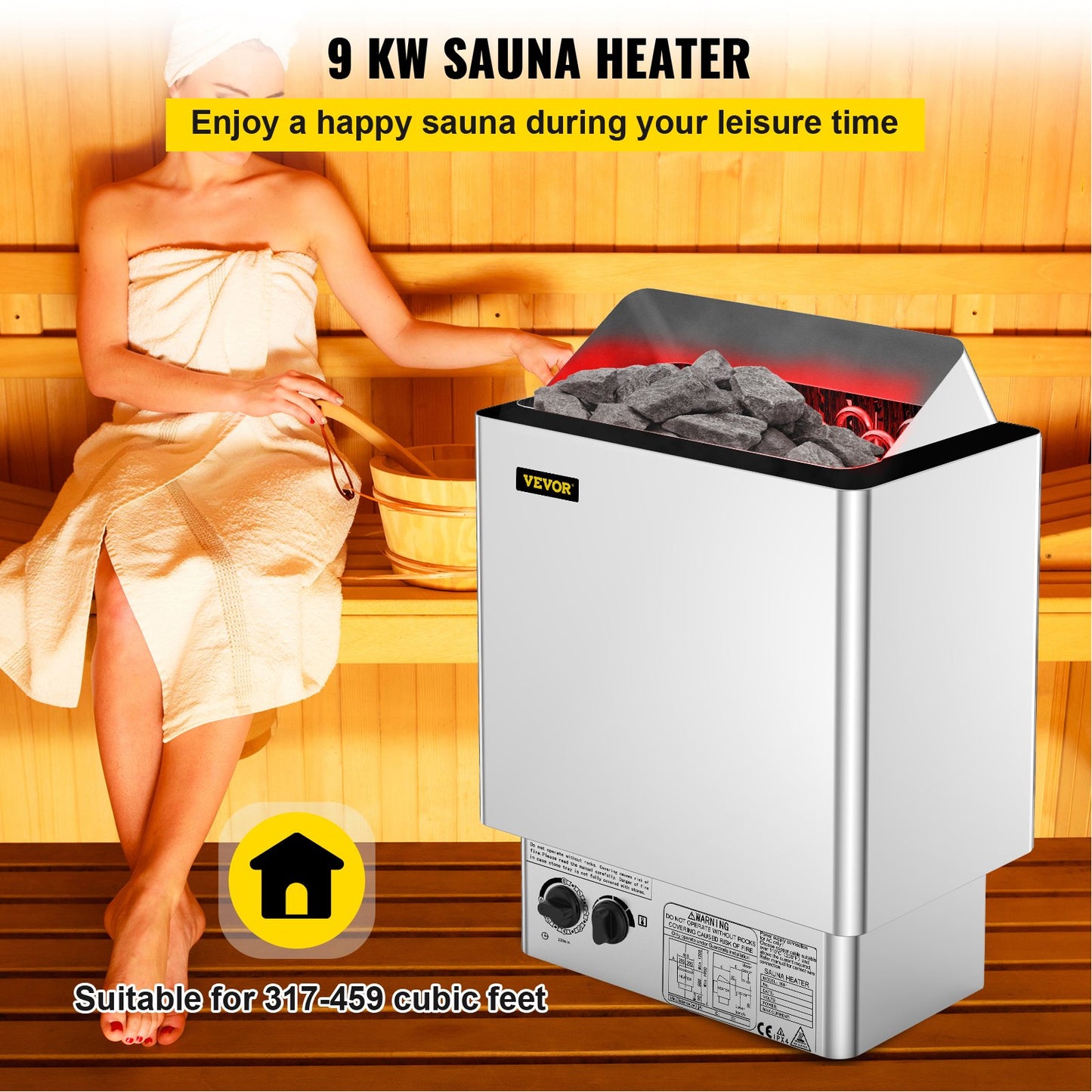 9KW Sauna Heater Stove 380V-415V Wet&Dry Electric Sauna Heater with Built-in Control Unit Stainless Steel Sauna Heater