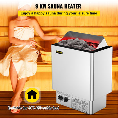 9KW Sauna Heater Stove 380V-415V Wet&Dry Electric Sauna Heater with Built-in Control Unit Stainless Steel Sauna Heater