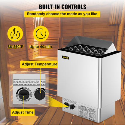 9KW Sauna Heater Stove 380V-415V Wet&Dry Electric Sauna Heater with Built-in Control Unit Stainless Steel Sauna Heater