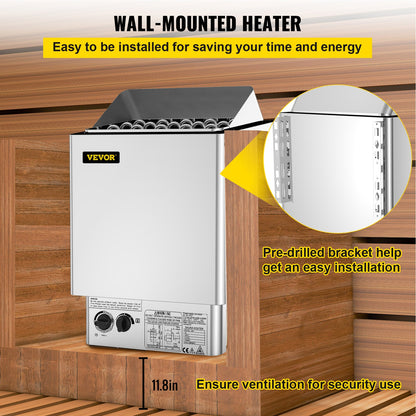 9KW Sauna Heater Stove 380V-415V Wet&Dry Electric Sauna Heater with Built-in Control Unit Stainless Steel Sauna Heater