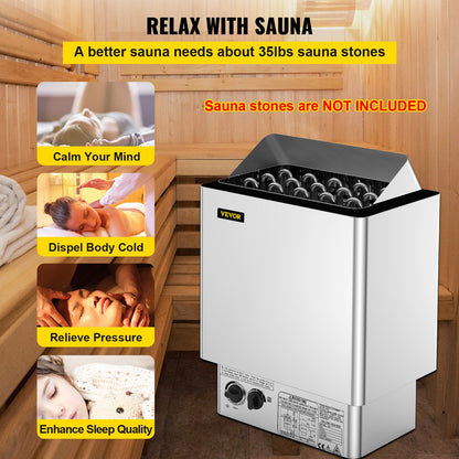 9KW Sauna Heater Stove 380V-415V Wet&Dry Electric Sauna Heater with Built-in Control Unit Stainless Steel Sauna Heater