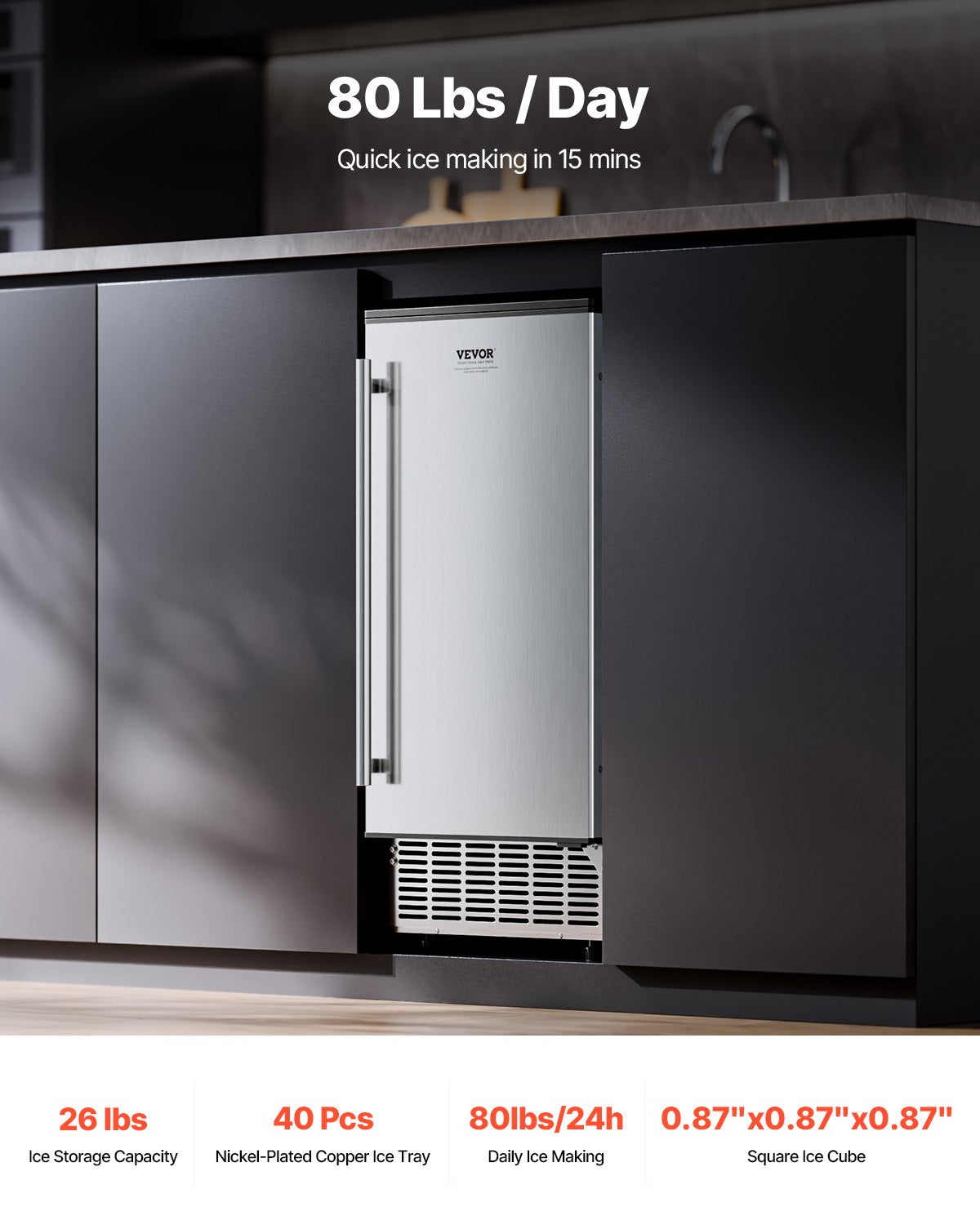 Undercounter Built-in Ice Maker, 80 Lbs/Day Under Counter Ice Maker Machine with Reversible Door Stainless Steel, Freestanding Ice Maker for Commercial Home Kitchen, Electric Drainage