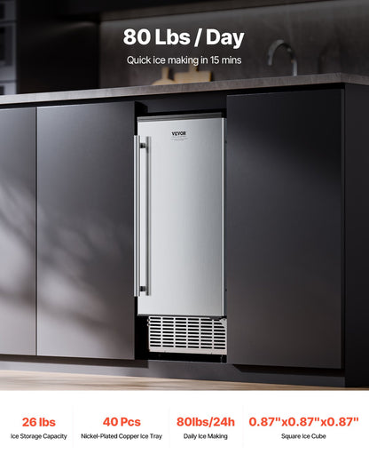 Undercounter Built-in Ice Maker, 80 Lbs/Day Under Counter Ice Maker Machine with Reversible Door Stainless Steel, Freestanding Ice Maker for Commercial Home Kitchen, Electric Drainage