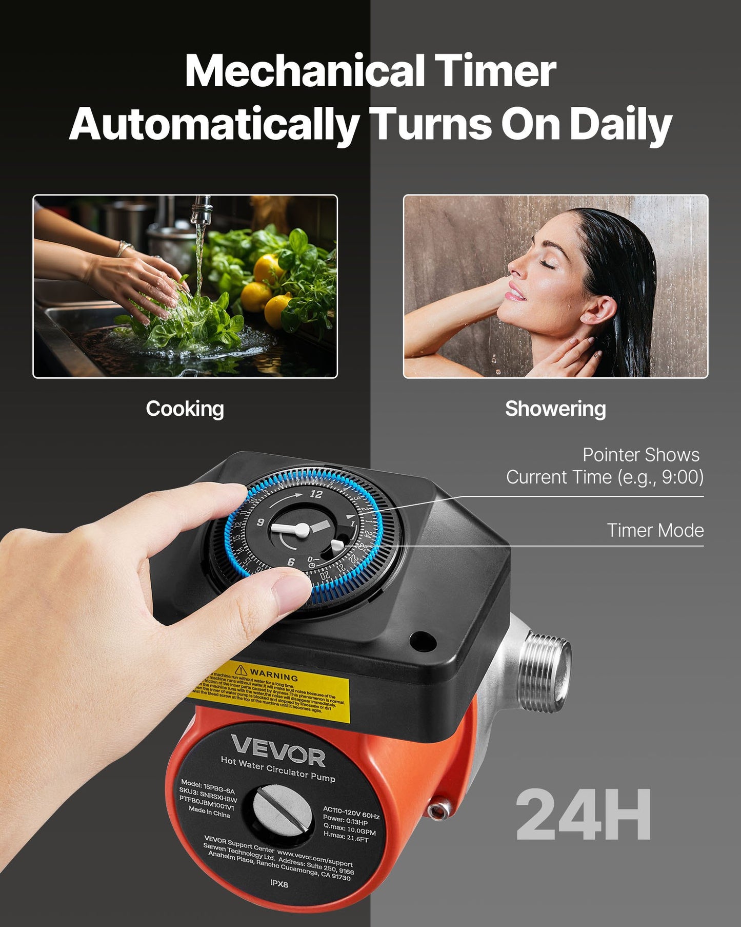 Warmwasserzirkulationspumpe mit Zeitschaltuhr, 38 l/min Sofort-Zirkulationspumpen-Set, Zirkulationssystem, 100 W, Wechselstrom 220–240 V, G3/4-Zoll-auf-G1/2-Zoll-Anschluss, für Boiler und Solarwarmwasserbereiter