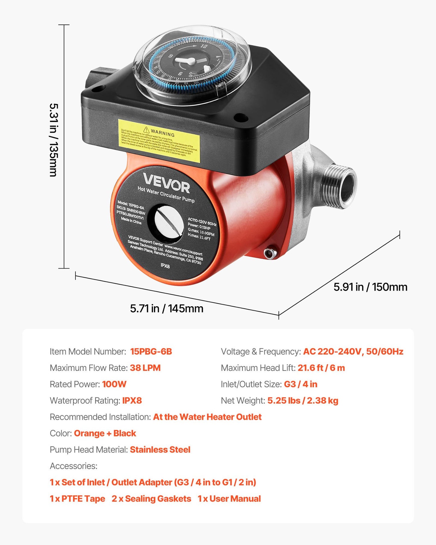 Warmwasserzirkulationspumpe mit Zeitschaltuhr, 38 l/min Sofort-Zirkulationspumpen-Set, Zirkulationssystem, 100 W, Wechselstrom 220–240 V, G3/4-Zoll-auf-G1/2-Zoll-Anschluss, für Boiler und Solarwarmwasserbereiter