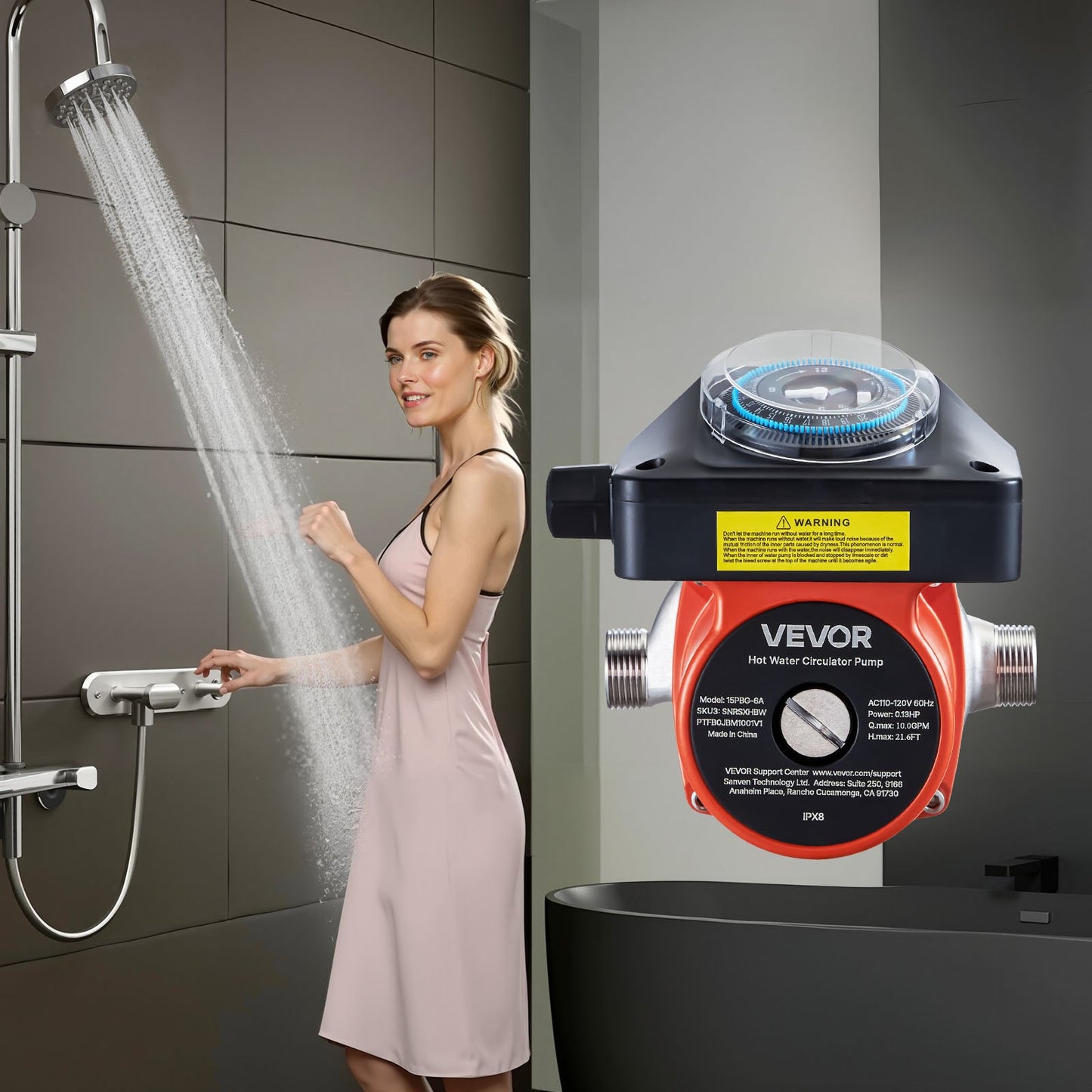 Warmwasserzirkulationspumpe mit Zeitschaltuhr, 38 l/min Sofort-Zirkulationspumpen-Set, Zirkulationssystem, 100 W, Wechselstrom 220–240 V, G3/4-Zoll-auf-G1/2-Zoll-Anschluss, für Boiler und Solarwarmwasserbereiter