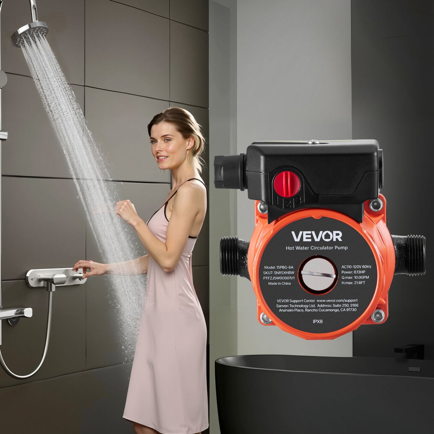 Warmwasserzirkulationspumpe, 38 l/min, Durchlauferhitzer, 3-stufige Regelung, 100 W, 220–240 V Wechselstrom, Adapter G3/4" auf G1/2", Gusseisenkopf, für Warmwasserbereiter