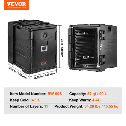 Insulated Food Pan Carrier, 90 L Hot Box for Catering, LLDPE Food Box Carrier with Double Buckles, Front Loading Food Warmer with Handles, Stackable End Loader for Restaurant, Canteen, etc. Bla