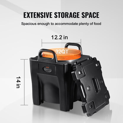 Isolierter Speisenbehälter, 32 Quart Fassungsvermögen, stapelbare Warmhaltebox für Gastronomiebetriebe mit Edelstahlbehälter, von oben zu befüllender LLDPE-Speisenwärmer mit integrierten Griffen, Schnallen und festem Standfuß, für Restaurantkantinen, B